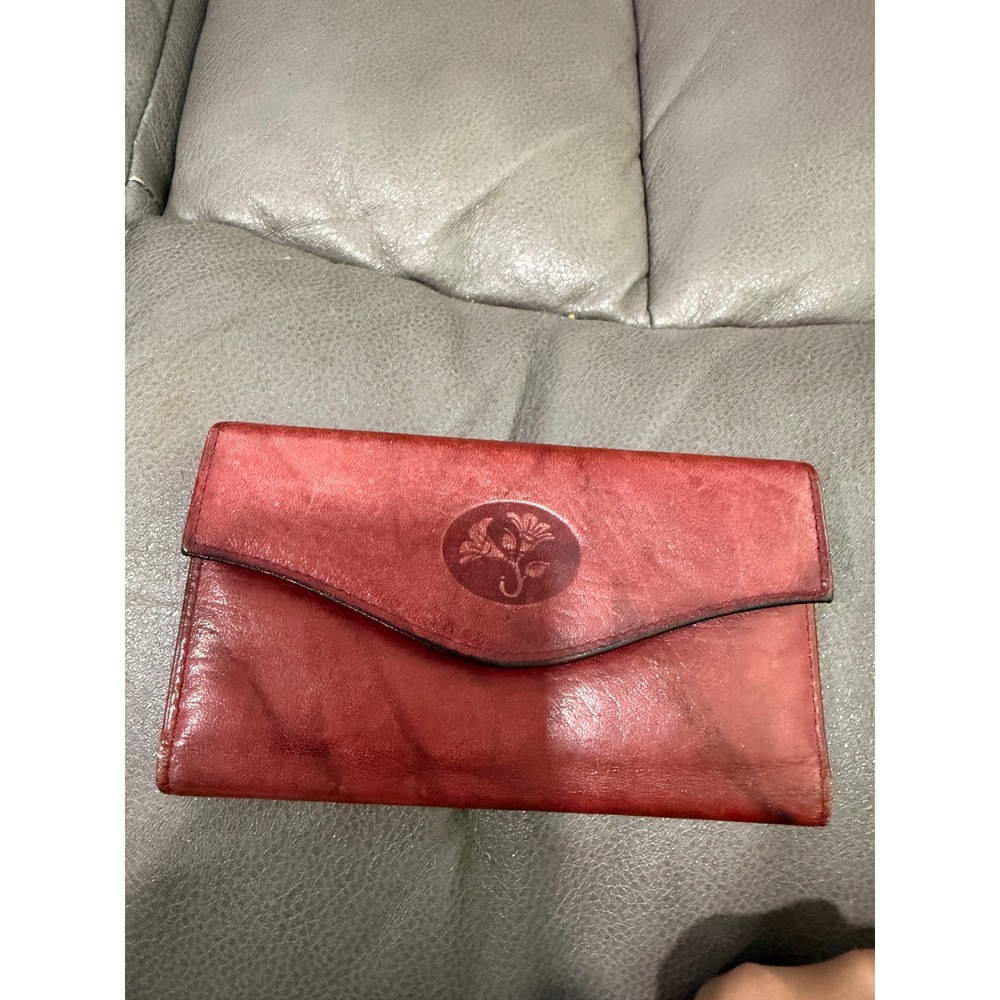 Buxton Vintage Burgundy Top Grain Cowhide Leather Trifold Clutch Wallet Floral